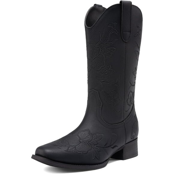 Women's Black Western Cowboy Boots Square Toe Embroidered Mid Calf Chunky Heel